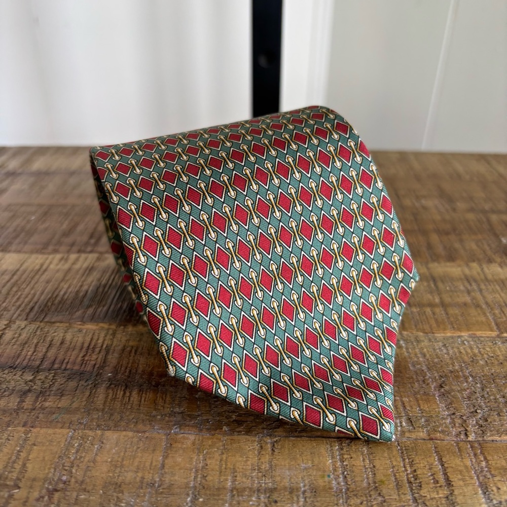 Brooks Brothers Silk Made USA Green Red Diamond Tie Mens 57” Long 3.75” Wide